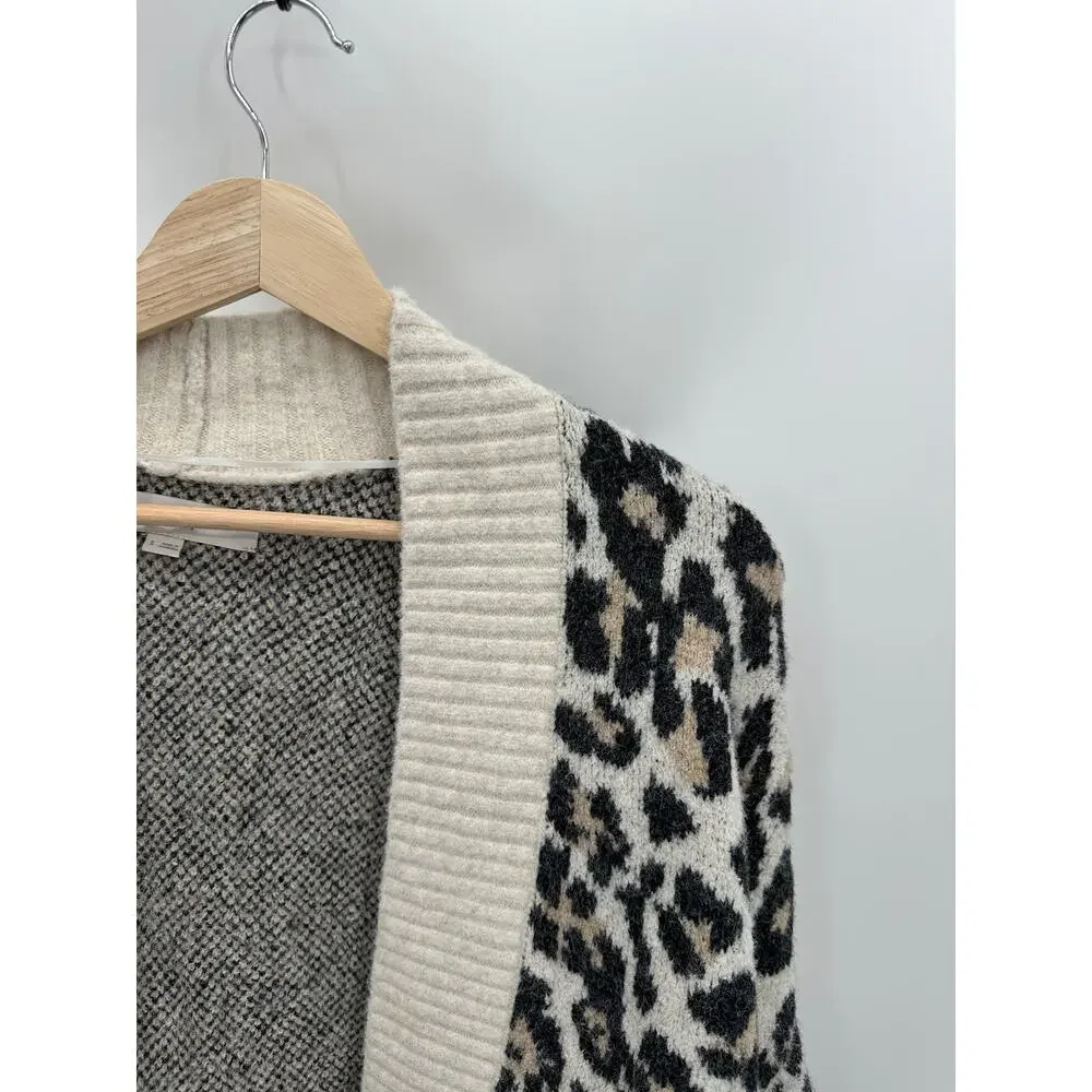 LOFT Leopard Print Cardigan Sweater S Cream Open Front Cozy Knit Preppy Chunky - Picture 6 of 9